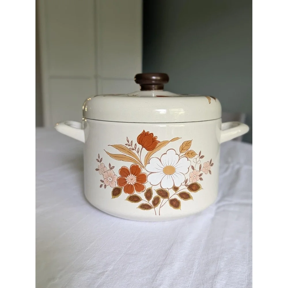 Vintage Kingsbury Dogwood Stock Pot with Lid 70's Enamelware Floral Mid-Century